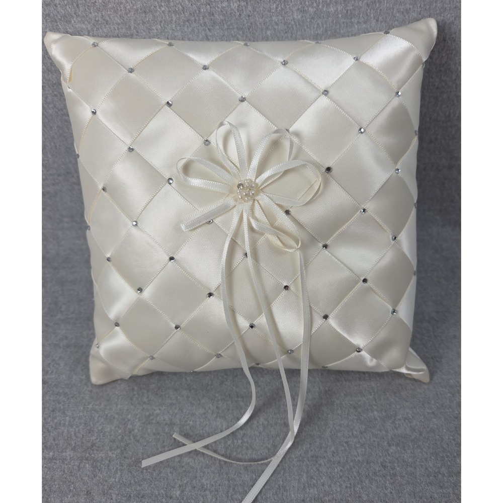 Ivory‎ Satin Crystal Beaded Gems Wedding Ring Bearer Pillow Faux Pearl Accent